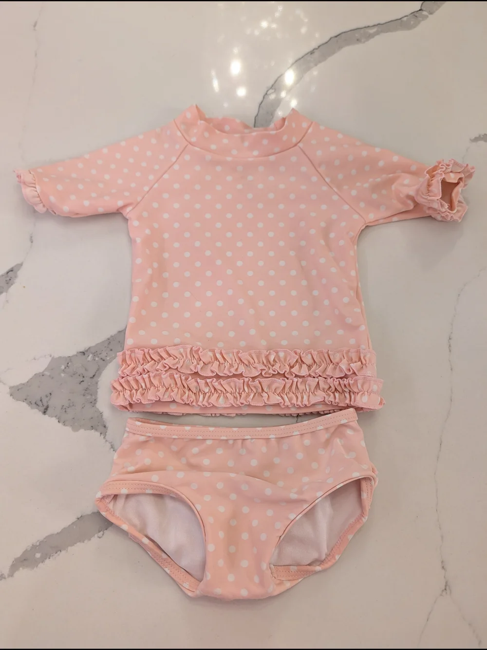 Ruffle Butts Baby Girls Swim Suit Pink Polka Dot with Ruffle Hem